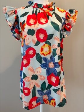 Short Sleeve Floral Top NWOT Womens Small Red/Blue/Yellow/Green/Peach